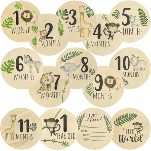 7 Piezas Tarjetas de Hitos para Bebé de Madera, Discos Mensuales de Doble Cara, Cartel de Anuncio de Nacimiento, Regalo para Recién Nacidos y Baby Shower, Accesorios de Fotografía (Animal)