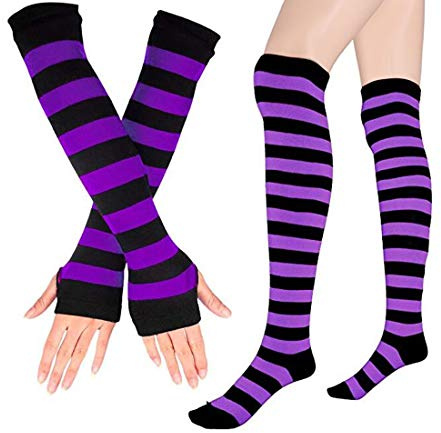 ECOSCO Womens Rainbow Stripe Knee Thigh High Socks Arm Warmer Fingerless Gloves (1 pairs Socks&1 pairs Gloves-Purple)