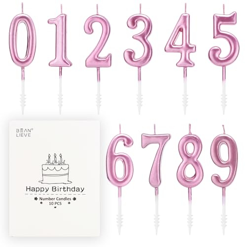 BEAN LIEVE - Candele numeriche per torta di compleanno, 10 pezzi, numero 0-9 con brillantini, decorazione per torte per compleanni, matrimoni, anniversari, feste (rosa)