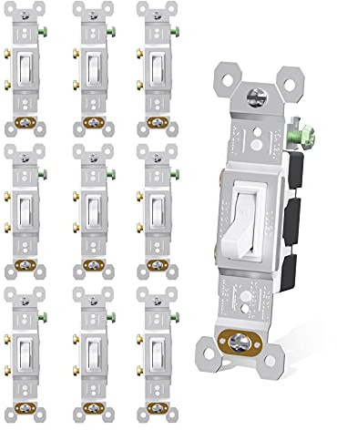 AIDA 15 Amp Single Pole Quiet Indoor Toggle Switch Self-Grounding ON Off, Residential Grade, UL Listed, Quickwire Push-in & Side Wired (White, 10 Pack)