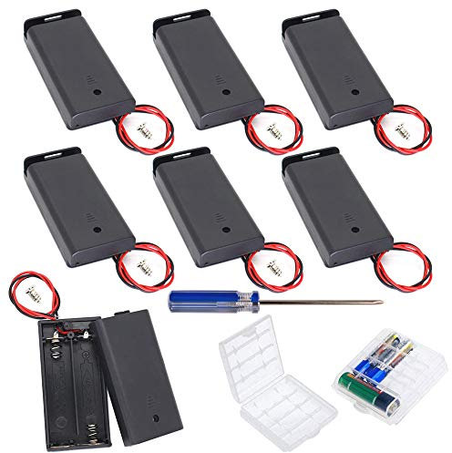 GTIWUNG 7Pcs 2 AA Battery Holder with Switch and Cover, Battery Holder Case Box with Wires,Black Plastic Batteries Case with Pin, 2X1.5V 3V AA Battery Holder with Leads,2Pcs Cell Battery Storage Case