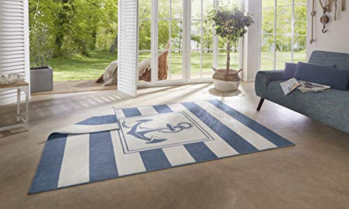 NORTHRUGS In- und Outdoor Teppich Gandara 120x170cm - Wendeteppich Wetterfest Modernes Design mit Anker-Motiv Läufer für Balkon Terrasse Garten Wintergarten Wohnzimmerteppich Wasserfest in Blau Creme