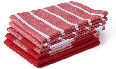 Encasa XO Küchenhandtücher und Waschlappen aus Baumwolle | Rot | Waffel- und Flachgewebe-Geschirrtuch | Geschirrtuch-Set | 70x45 cm | Wiederverwendbar und schnell trocknend 5er-Satz
