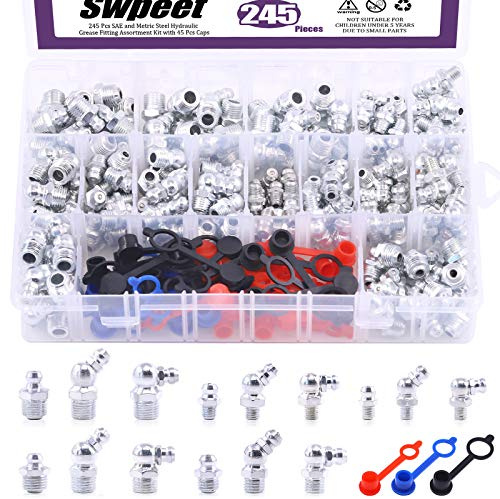 Swpeet 246 st SAE & metrisk fett nippel, hydrauliska fettbeslag standard, plastfettmonteringskåpa – 1/4 tum, 1/8 tum M6 M8 M10 rak, 90 grader, 45 grader vinklade fettzerks
