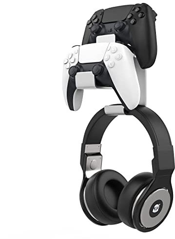 MoKo Controller Halterung, Duale Game Controller & Kopfhörer Halter für One, 360, PS3, PS4, PS5, PC, STEAM, Switch/Switch 2, Universale Headset Wandhalterung, 2 Installationsmethode, Silber