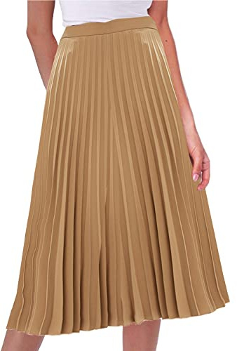 Falda plisada de cintura alta elástica para mujeres damas, falda midi acampanada tipo A, falda larga vintage elegante, caqui, L