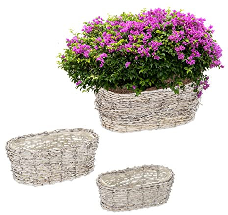 Relaxdays Blumentopf, 3 Verschiedene Größen, aus Rattan, Pflanzentöpfe mit Folie, Pflanzkörbe für drinnen, weiß/Natur