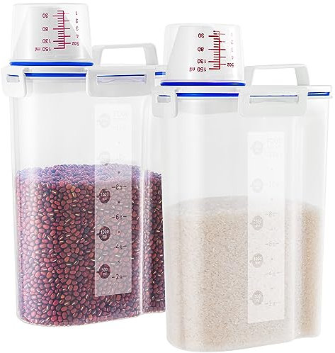 HNNJCK 2 Pcs Set Rice Dispenser Storage Containers, 10 Lbs Small Bucket with Measuring Cup & Pour Spout, Kitchen Plastic Airtight Container for Cereal, Grain, Flour, Sugar, Oatmeal, Dry Pet Dog Food