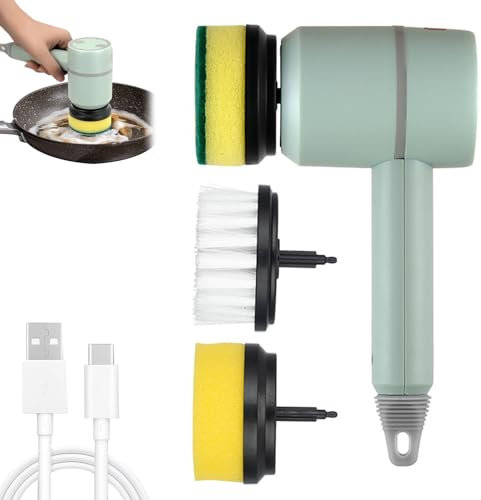 Dish Buddy, Electric Spin Scrubber with 3 Brush Head 3 Gear 1200mAh USB Power Scrubber Cordless Rechargeable Electric Cleaning Brush for Kitchen Bathroom Balcony