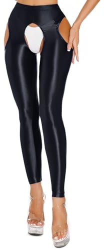 Aislor Lucido Collant Cavallo Aperto Donna Leggins Sportivi Calze Olio Lucidissimi Pantaloni per Yoga Fitness Allenamento Pantacollant Opaco Stockings Nightwear Nero XXL