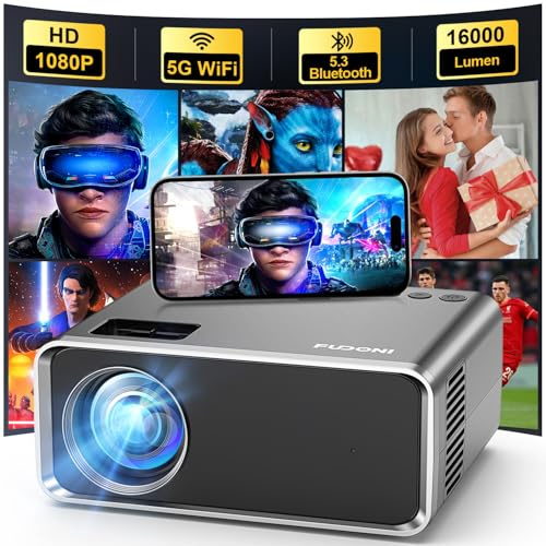 FUDONI Projector with WiFi and Bluetooth 4K Supported, Upgraded 16000L Outdoor Movie Projectors Native 1080P FHD, Video Projector for Home Theater, Compatible w/HDMI/USB/iOS/Android/Windows/TV Stick