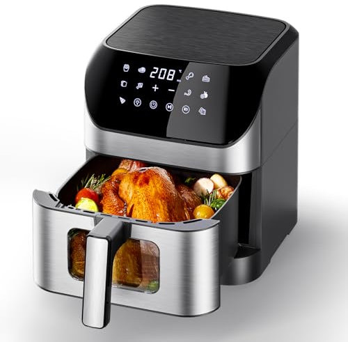 Heißluftfritteuse mit Sichtfenster 8L, Heissluftfritteuse Air Fryer mit Digitalem LED-Touchscreen, 10-in-1 Airfryer, Smart Touchscreenund Timer-Funktion, Gesunde Friteuse ohne Öl und fettarmes Kochen.