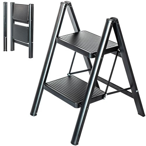 Escabeau 2 marches FOLDPACT2, Marche pied pliable, Echelle Design ultra-compact, Marches larges 17,5 cm, Acier, Etagère temporaire, Garantie 5 ans, Hostrom