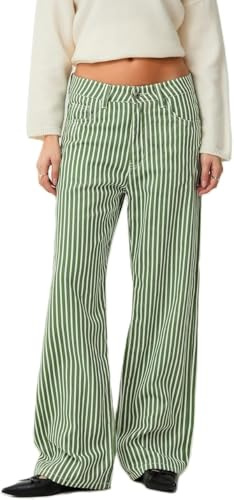 Felcia Women’s Striped Bell Bottom Jeans Retro Classic High Waisted Boyfriend Denim Pants Baggy Flare Jeans with Pockets (A-Green, L)