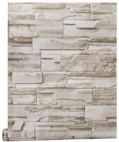 TVVCALK Selbstklebend Tapete Steinoptik 45 x1000cm, Selbstklebende Tapete weiß Vintage, Backstein Stein Tapeten Wasserdicht, für Küche Schlafzimmer Wohnzimmer Wand
