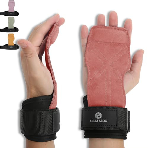 HELI MIAO Power Zughilfen Krafttraining, Fast Grip Leder Zughilfe-Handgelenksbandage für Bodybuilding, Fitness, Crossfit, Krafttraining, Powerlifting - Lifting Straps für Frauen und Männer, Hellrosa