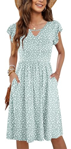 PLOKNRD Femme Robes D'été Col en V Décontractée à Manches Volantées Robe pour Femme Chic et élégante avec Poches