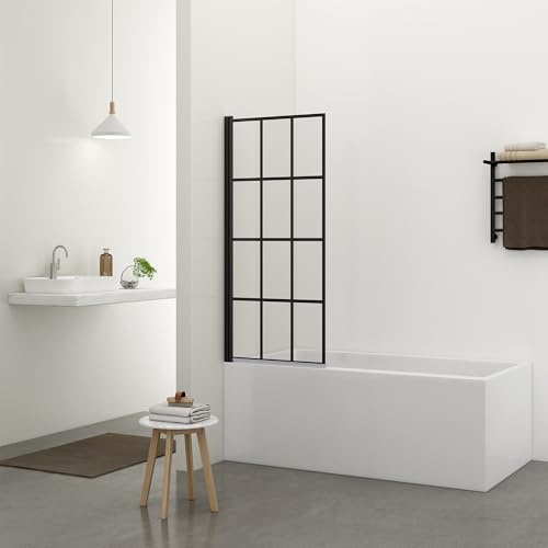 Bathlink 800 x 1400mm Black Grid Shower Screen, Pivot Bath Shower Screen, 5mm Safety Clear Glass Bath Screens, Bath Panel