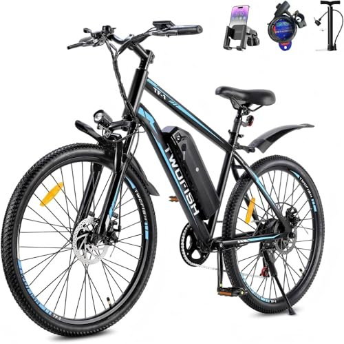 TWOFISH Electric Bike, 26 Electric Mountain Bike for Adults with 36V 15Ah Battery Max Range 100 KM 25KM/H 3 Riding Mode 7 Speed E Bike with Disc Brakes LED Display, TF-1 (Black-Blue)