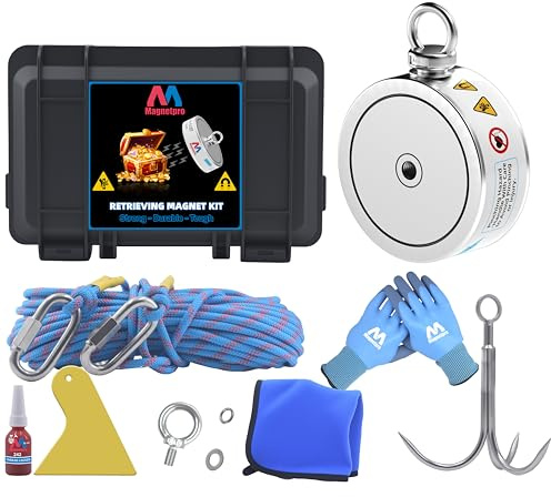 Magnetpro 1 360 kg komplett uppsamlingsmagnetset, dubbelsidig fiskmagnet innehåller en stark neodymmagnet, hållbart 20 meter rep, karbinhake, handskar, greppkrok och en bärväska