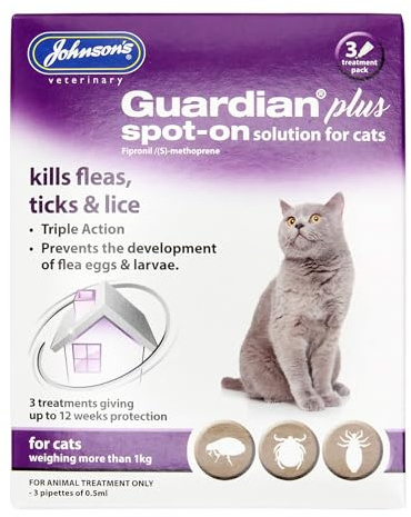 Johnsons Guardian Plus Spot On for Cats Over 1kg - 3 Treatment, Kills Fleas, Ticks & Lice, Stops Flea Eggs Hatching