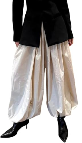 Women Balloon Pants Y2k High Waist Pleated Long Bloomers Pants Wide Leg Harem Lantern Trousers Going Out(Baggy Apricot,Small)