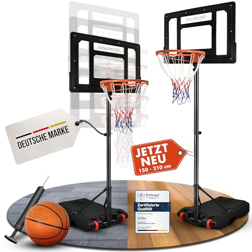 VALENESS® Panier de Basketball extérieur réglable [135-305 cm] - résistant aux intempéries, avec Ballon et Pompe – pour Enfants et Adultes (Enfants 150–210 cm)