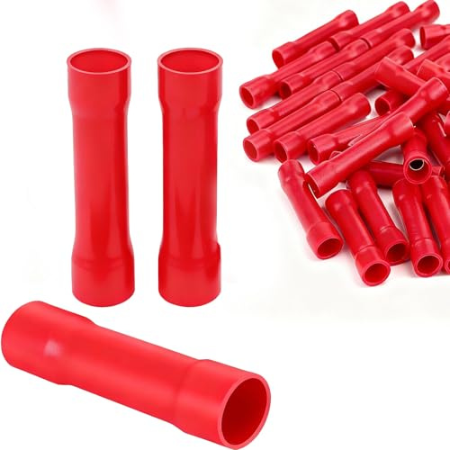 Sekfpnk 100 stycken stötskarvkopplingar set, 0,75–1,5 mm² isolerade kabelskor, PVC röd krympkoppling för isolerad ström, helisolerade kallpressade klämmor
