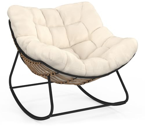 IDMarket - Poltrona a Dondolo LOA in Rattan con Cuscino Ecrù