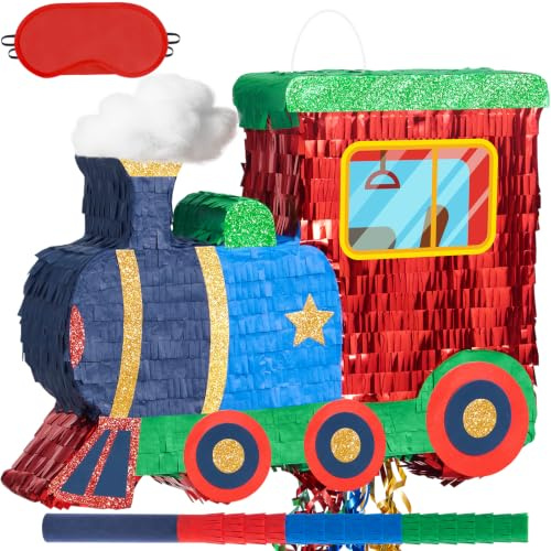 WERNNSAI Retro Train Pinata Cartoon Railroad Birthday Party Decorations | Vintage Train Theme Birthday Pinata with Stick and Blindfold Supports Hit or Pull Two Ways too Play Holds 3lbs Fillers