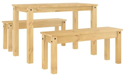 Augerlite 3-TLG. Matgrupp Panama massivt trä furu, honungsvaxfinish 117 x 60 x 75 cm bord med 2 bänkar 105 x 30 x 45 cm, robust matsalsgrupp, litet lanthus matgrupp, vardagsrum