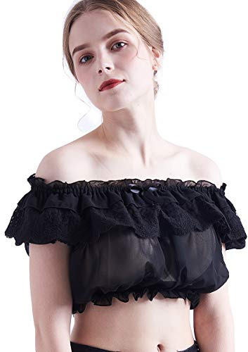 BESSUME 1 PC Mujer Soplo Manga con Volantes Blusa Gasa Lolita Cordón Parte Superior Corto Manga Camisa (Negro)