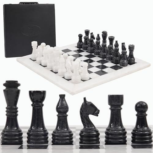 Radicaln schackset i marmor med förvaringsbox 15 tum vit och svart, handgjord 1 schackbräde med 32 schackpjäser – schackspel för 2 spelare, brädspel för vuxna