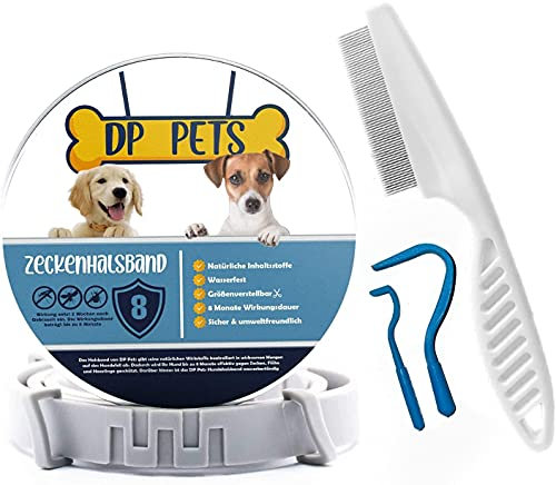 DP-Pets® Zeckenhalsband für Hunde und Katzen inklusive Floh-/Zeckenkamm und Zeckenhaken | natürliche Prävention gegen Zecken und Flöhe mit organischen Inhaltsstoffen| Verstellbar