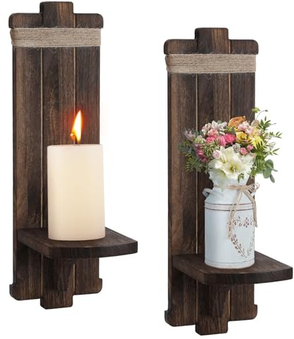 Farmhouse Wall Decor Candle Sconces - 2 Pcs Vintage Rustic Handmade Wooden Wall-Mount Candle Holders for Bedroom Living Room Bathroom Home Hanging Art Decorations Accessories Gifts, Brown