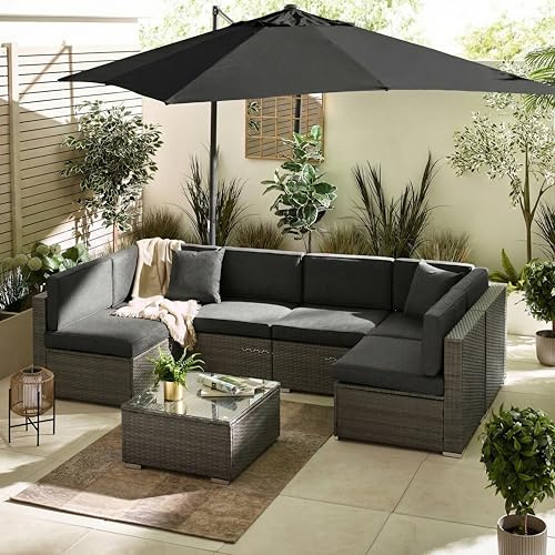 Furniturebox UK Rattan Garden Furniture - Orlando Outdoor Furniture Sofa Set - Modern & Elegant 6 Seater Garden Patio Table, Cushions and Chairs - Cover Included (Stone Grey)