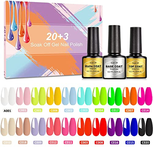 23 Pcs UV LED Gel Vernis à Ongles - SHOWNAIL 20 Couleurs Lot Vernis Semi Permanent Effet Lumineux Néon avec Base et Top, Matte Coat, 8ML