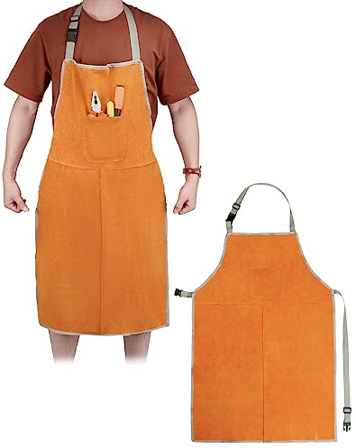 QWORK Leather Welding Work Apron, 2 Pack Heat and Flame Resistant, Size 23x35 Inches Blacksmith Protective or Safety Clothing, Heavy Duty Work, Welders, Fireplace, Gardening, BBQ Apron, Bib Apron