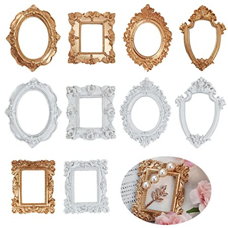 YWNYT 10 Stück Vintage Harz Bilderrahmen, Retro Harz Oval Rahmen Wandbehang Fotorahmen Tischplatte Foto Display Home Dekoration, 5 Größen, Golden und Weiß