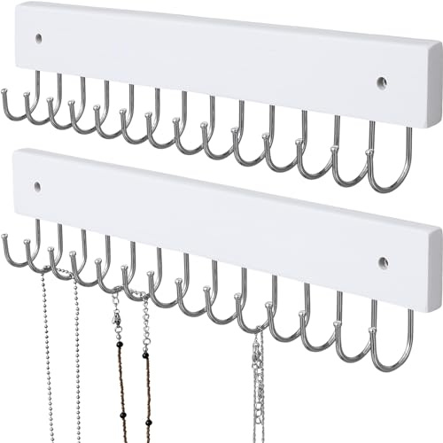 SCUNDA Hanging Jewelry Organizer Wall Mounted, Modern Jewelry Display with 28 Hooks, Decorative Necklace Holder for Wall, Space Saving Necklace Hooks, (2 Packs, White)