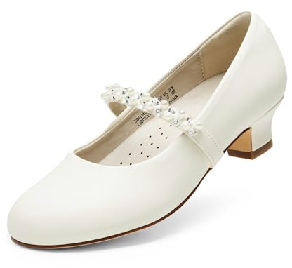 DREAM PAIRS Girls Dress Shoes Low Heels for Little Big Girl Mary Jane Shoes with Pearl Rhinestones Flower Girl Pumps Princess Wedding Party,Size 1 Little Kid,Ivory/Pu,SDFL2403K