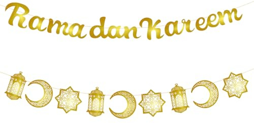 Ramadan Ghirlanda decorativa, 2 pezzi Eid Mubarak Banner appeso ghirlande dorate glitterate luna stella lanterna Eid Mubarak decorazioni per feste