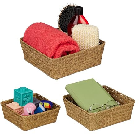 Relaxdays Aufbewahrungskorb Seegras, 3er Set, Körbchen in 3 Größen, Bad Aufbewahrung, quadratische Flechtkörbe, Natur