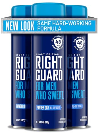 Right Guard Sport Powder Dry Scent Antiperspirant & Deodorant Spray - 4-in-1 Protection Spray Deodorant For Men, Blocks Sweat, 48-Hour Odor Protection, Quick-Drying, & Long-Lasting, 6oz (3 Pack)