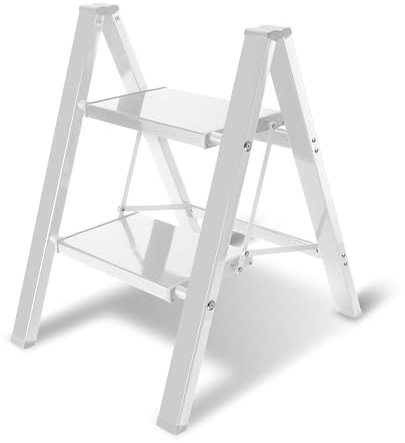 Eulenke 2 Marches Escabeau de Aluminium, Échelle Pliante Marche Pied Pliable, 2 Escabeau Pliable Léger, Échelle pliante antidérapante, Convient pour la maison, la cuisine, charge maximale 150kg, blanc