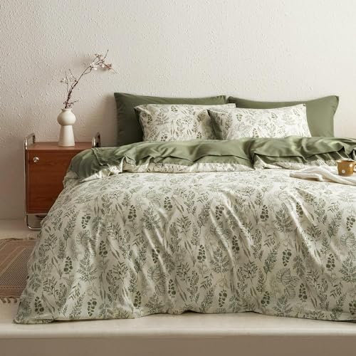 Lanqinglv Juego de ropa de cama de 220 x 240 cm, diseño de hojas verdes, flores, plantas, reversible, multicolor, microfibra, funda nórdica con cremallera y 2 fundas de almohada de 80 x 80 cm