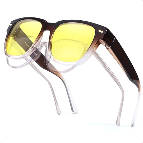 Myiaur Night Vision Driving Glasses Fit Over Glasses for Women, Yellow Tinted Polarised Anti Glare Lens for Nighttime/Rainy/Foggy