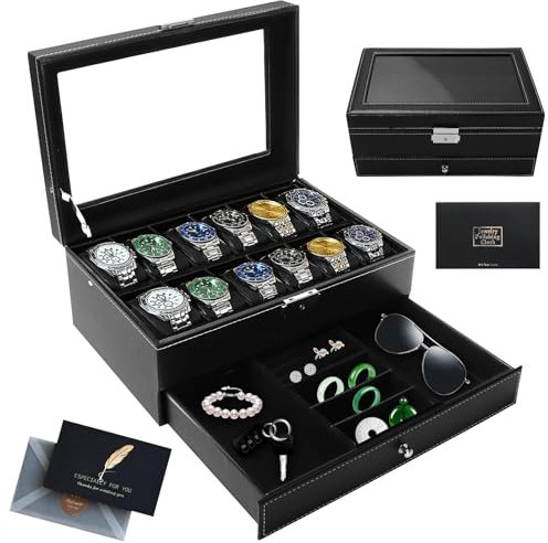 KIMIGO Scatola per orologi a 2 ripiani, con coperchio in vetro, 12 scomparti e cassetto per orologi, anelli e portagioie