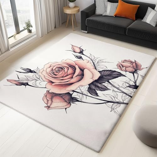 Teppich Aquarell Pflanzen Rosen Bedruckter Kurzflor-Teppich 80 x 150 cm Großer Innenteppich Mit Rutschfester Rückseite, Waschbarer Superfeinem Kaschmir Teppich Creme