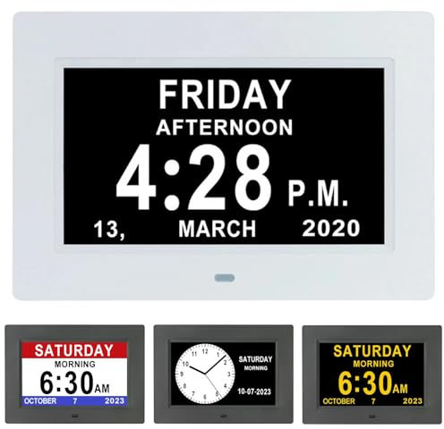 PZCC 7 Pouces LCD Horloge Numérique Calendrier avec Date Jour Et Heure Horloge Non-Abrégée Auto Dimming 8 Langues HD Display Rappel pour Alzheimer Les Personnes âgées et Les Enfants (Blanc)